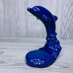 Blue ceramic jumping dolphin ocean scene fish bowl holder decoration beach